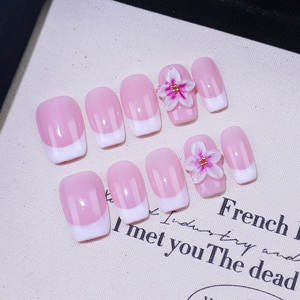 Lot de 10 faux ongles 3D fleuris printemps-été, faits main, en acrylique, à presser, taille moyenne, couvrance totale, avec colle – Vente en gros - Product Image 3