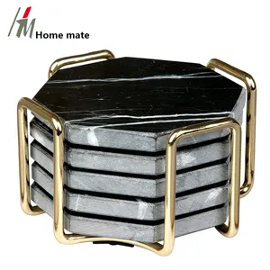 Factory Wholesale Craft Set of 4 Black Marble Stone Coasters Polished Coasters with metal holder