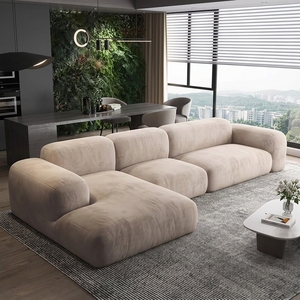 Divano Modulare a L Minimalista <span class=keywords><strong>Beige</strong></span> Arrotondato, Divano Sezionale a Basso Profilo per Ampio Soggiorno Moderno - Product Image 6