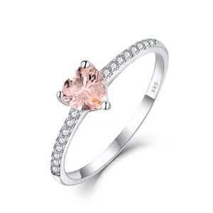 Anello di pietra principale a forma di cuore 925 in argento Sterling a forma di cuore di san valentino con zircone cubico rosa per donna ragazza