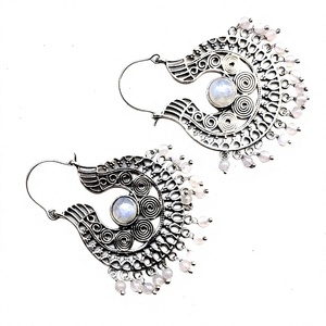 Pendientes de Aro Bohemios de Latón Plateado con Piedra Lunar Natural de 13g, Diseño Único, Novedad 2021, para Regalo de Boda o Fiesta para Mujer - Product Image 4
