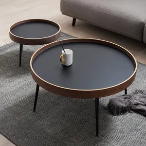 커피 테이블 소박한 빈티지 북유럽 블랙 골드 라운드 금속 나무 홈 거실 가구 세트 럭셔리 현대 대리석 커피 테이블