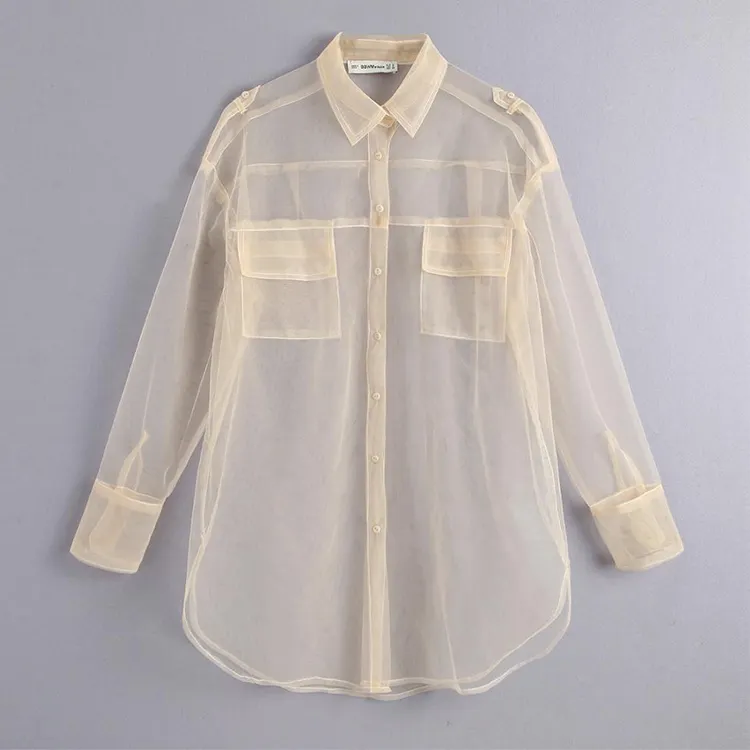 قميص نسائي مميز من الأورجانزا, قميص نسائي شفاف بتصميم 2022 بجيب الصدر ، بلوزات وقطع علوية مثيرة للسيدات