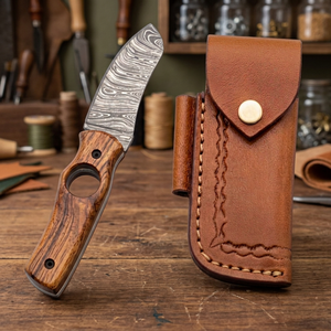 Couteau à lame fixe en acier de Damas avec manche en bois et étui en cuir, lame de qualité supérieure pour couper les cigares, idéal pour l'extérieur - Product Image 3