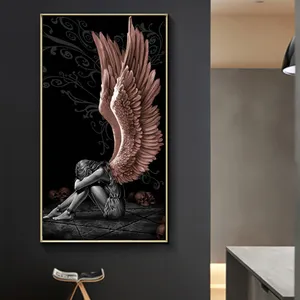 Modern şeytan melek kız gri kanatları tuval boyama baskı duvar sanatı soyut resim posteri oturma odası ev dekor için