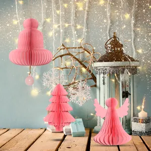 Perlengkapan pesta liburan Natal merah muda ornamen desain dekorasi kertas hiasan tengah meja dekorasi rumah