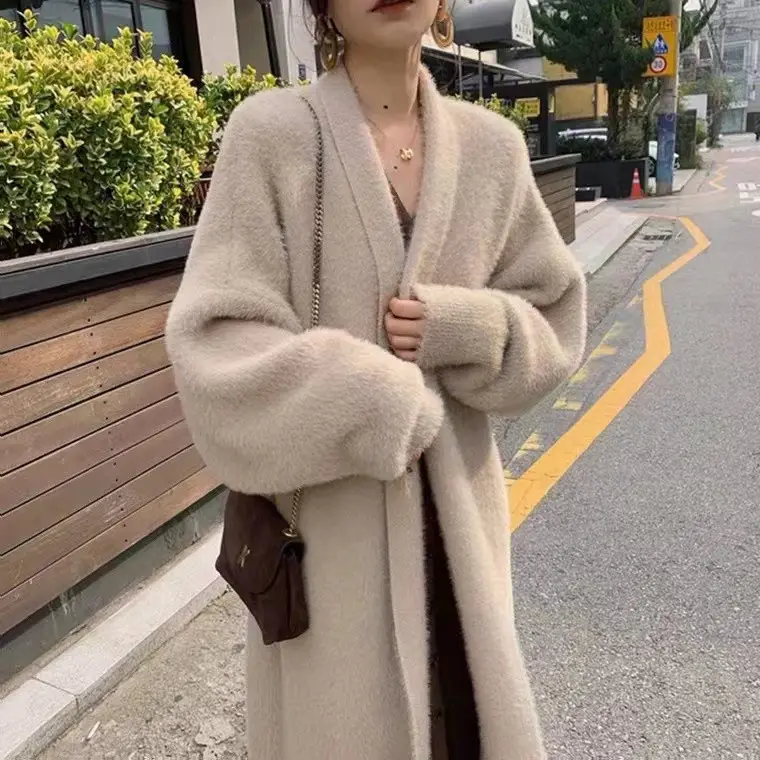 Long knitted women cardigan Sweater v neck oversize plus mohair high quality thick winter coat