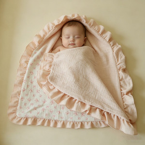 Couverture d'emmaillotage en mousseline pour nouveau-né, imprimé nœud rose, bords volantés, pour poussette et lit de bébé - Product Image 3