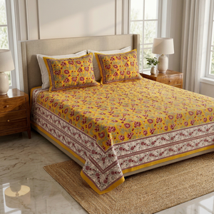 Ensemble de couvre-lit en coton imprimé à la main, motif floral, style traditionnel, taille King, housses de coussin réversibles - Product Image 1