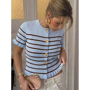 <b>Striped</b> <b>Cropped</b> Slim Fit Cardigan White Women's Knit <b>Top</b> - Product Image 3
