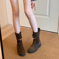 Bottes mi-mollet pour femmes, talon bloc, perforées, avec boucle, en daim, bout rond, style western, 2 couleurs