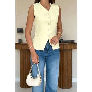Wholesale <b>Women's</b> Yellow Waist-Fit Buttoned Vest Embroidered Canvas Fabric <b>Knitted</b> Woven Outer Animal Cotton for Suits <b>Waistcoat</b> - Product Image 1