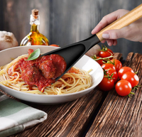 Lot de 2 cuillères multifonctions en silicone de 11,4 po et 13,4 po pour ustensiles de cuisine antiadhésifs, cuillère à manche en bois pour mélanger, cuillère à soupe et spatule