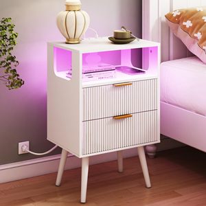 Table de chevet moderne SENYU avec 2 tiroirs, éclairage LED, design mi-siècle, table de chevet blanche pour chambre à coucher - Product Image 1
