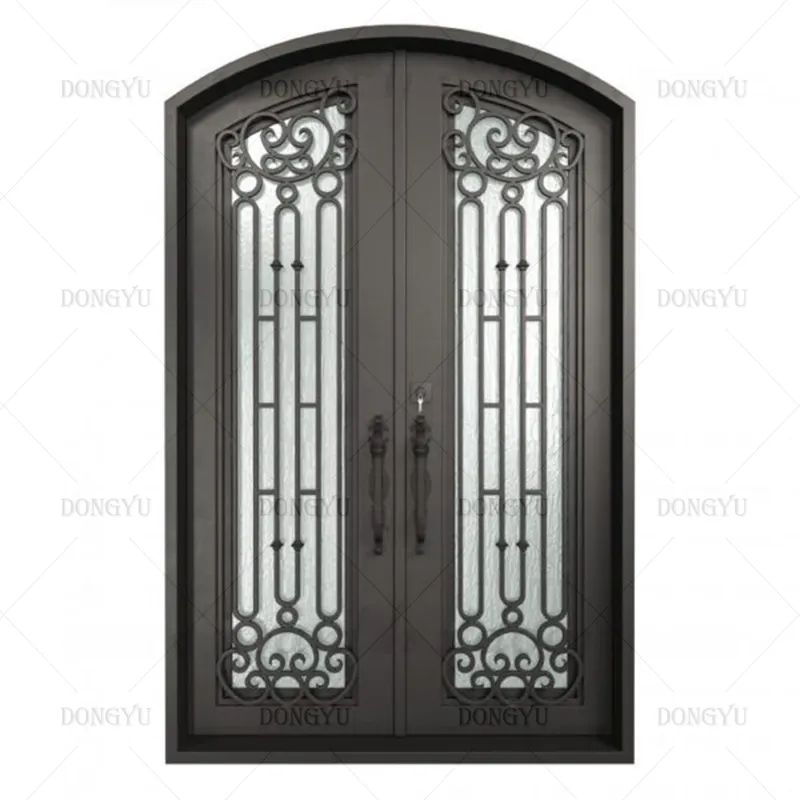 Luxury Exterior Entrance Entry Cheap Price Kenya Cast Arches Front Double Galvanized Entrance Wrought Iron Door With Sidelight