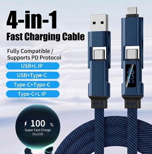 100w 5A Multi-function Braided LED Display 4-in-1 Fast <b>Charging</b> Cable mobile phone USB-C to Type-C charger data cable 1M 1.5M 2M - Product Image 1