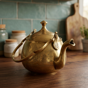 Vintage Brass Tea Kettle With <b>Lid</b> And Handle Floral Engraved Design Water <b>Pot</b> Kettles Metal Decorative Teapot - Product Image 2