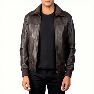 Mens Real Dark Brown <b>Leather</b> Bomber <b>Jacket</b> Shirt Collar Zip Front Sheepskin Coat Chest Seam Ribbed Hem Custom <b>Winter</b> Outerwear - Product Image 1