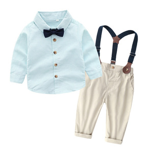 Tenue décontractée coréenne pour enfants Chemise à rayures à manches longues avec nœud papillon et <span class=keywords><strong>salopette</strong></span> pour <span class=keywords><strong>garçon</strong></span> Ensemble deux pièces printemps - Product Image 2