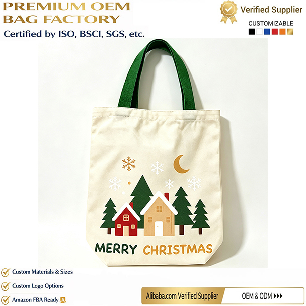 Wholesale Custom Reusable Christmas Canvas Shopping Bag Xmas Candy Tote Bag for Gift