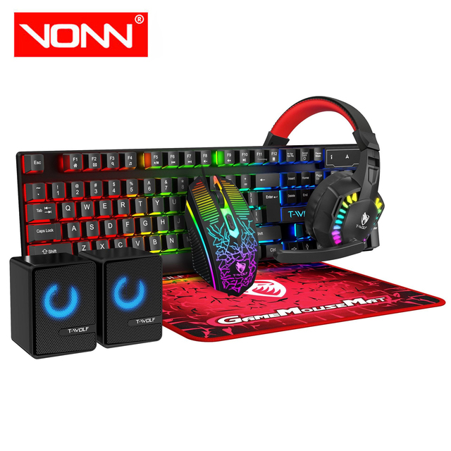 Custom Logo 5-in-1 Gaming Set USB Waterproof LED Illuminated Mouse Headset Speakers Mouse Pad Wired Desktop PC Gaming Office
