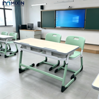 Table et chaise d'école deux places, table de classe avec siège en plastique vert et dossier, boîte à livres en treillis métallique pour collège