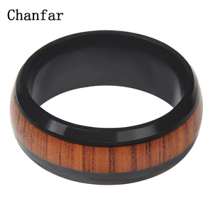 Anéis de aço inoxidável para homens, anéis pretos simples de madeira vintage, joias masculinas - Product Image 3