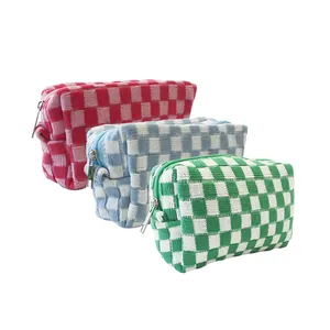 Fabric Checkered Makeup Bag Cosmetic Bag Knitted Cotton Brushes Storage PouchTravel toiletries Bag