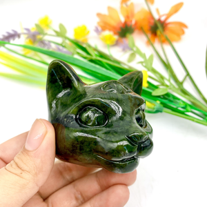 Venta al por mayor de cristal egipcio natural, jade verde, cabeza de gato, cristal, tres ojos, gato, 6cm, animales tallados para decoración de Halloween - Product Image 3