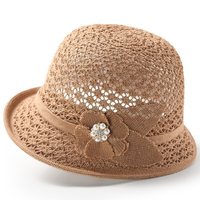Sombrero de Verano Casual para Mujer, de Poliéster, Estilo Cloche, con Apliques Florales Elegantes, Decoración de Perlas y Diamantes de Imitación, Sombrero de Sol Tipo Bucket