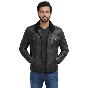 Chaqueta de Motero de Piel de Oveja Auténtica Finer Threads para Hombre, con Bolsillos con Cremallera, Transpirable, Estilo Vintage, para Invierno - Product Image 1
