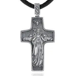 High Quality Embossed Design 925 Sterling Silver Mens Jewelry Good Shepherd Christian Jesus Cross Pendant Necklace