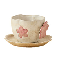 Tasse à café en céramique japonaise Shirakawa, motif fleur de cerisier en relief, peinte à la main, 250 ml, avec soucoupe, coffret cadeau, style vintage, pour la maison