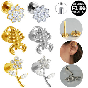Clous d'oreilles en titane F136 plaqués or stériles avec zircon, bijoux de lèvre, piercing pour femmes, cadeau - Product Image 4