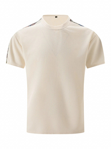 2024 verano nuevo estilo moda Color Beige camiseta interior con contraste Color hombro empalme y Waffle PatternT-Shirt - Product Image 3