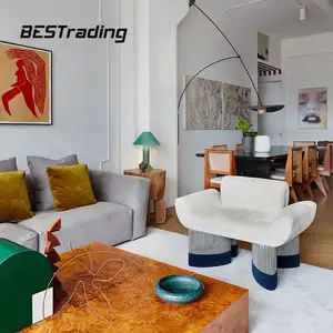 Cadeira de lazer Sherpa preguiçosa para sala de estar de villa de luxo em madeira maciça com listras retrô