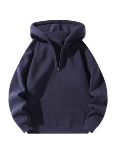 Sweat-shirt à capuche décontracté pour homme, à col zippé, manches longues, épaules tombantes, pour l'automne, uni, brodé, teint, coupe oversize - Product Image 2