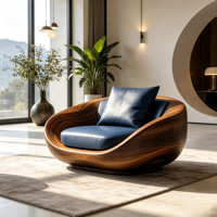 Fauteuil d'appoint design en forme de bol, avec structure en bois massif et revêtement en similicuir, pour villa, hôtel, salon