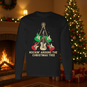 Camiseta de manga larga con estampado digital de árbol de Navidad, guitarra rock, música navideña, cuello redondo, unisex, para adultos - Product Image 3