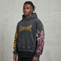 Hoodie vintage personnalisé délavé à l'acide, molleton épais 400g, coupe courte et ample, broderie graphique, impression DTG DTF, sérigraphie
