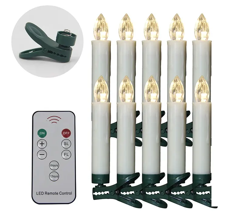 Set of 10 Remote Control Plastic Witchcraft Christmas Tree Decorative White LED Taper Light Candles 10 Pieces with Clip