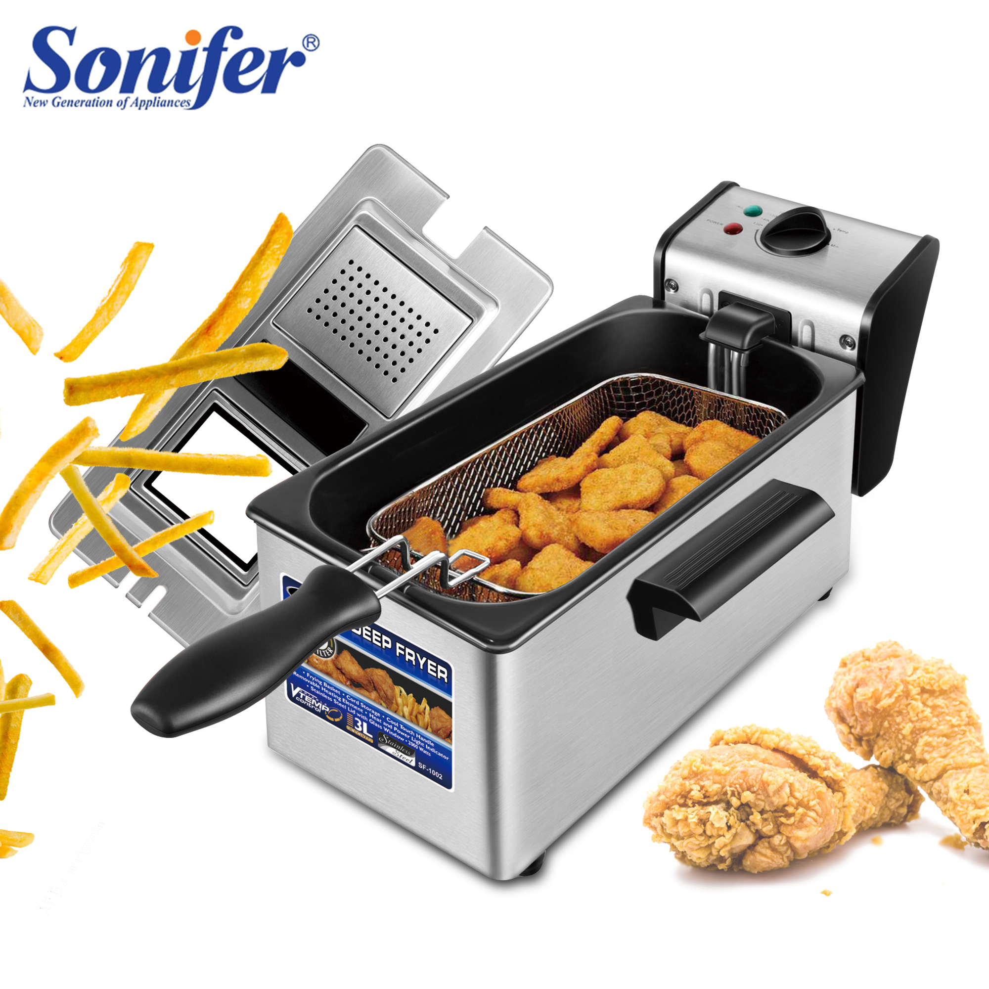 Sonifer SF-1003 stainless steel adjustable temperature 2000W 3L cooking oil household deep fryer electric