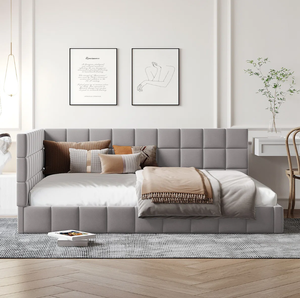 Rembourrage en velours gris élégant au design du milieu du siècle Canapé-<span class=keywords><strong>lit</strong></span> double de jour carré à dossier capitonné - Product Image 1