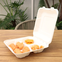 Boîtes alimentaires biodégradables en bagasse de canne à sucre à 3 compartiments, type clamshell, 8x8 et 9x9 pouces, pour plats à emporter