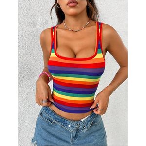 FOXA Women's <b>Rainbow</b> Striped Crop Tank <b>Top</b> Sleeveless Scoop Neck Slim Fit Summer <b>Top</b> - Product Image 3