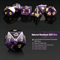 Ensemble de dés DND en améthyste naturelle exquise, 7 pièces, dés polyédriques avec des chiffres dorés pour les jeux de rôle Dungeons and Dragons