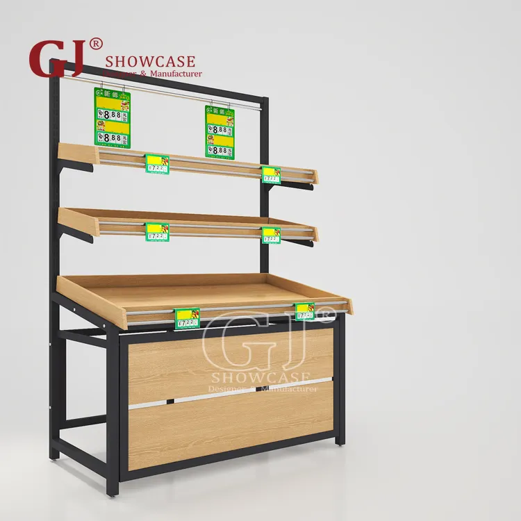 Heavy-Duty Wooden and Steel Fruit and Vegetable Display Rack Metallic Produce Rack Table for Supermarket Store