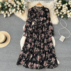 TONGXI <span class=keywords><strong>Abito</strong></span> da Donna Personalizzato con Logo, Nuovo Stile Francese con Scollo a V, Maniche Lunghe, Vita Floreale e Gonna Lunga Plissettata - Product Image 3