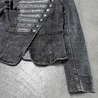 Veste Bomber en Jean Délavé et Teint Sur Mesure LARSUR, Style Napoléon, Coupe Slim, Col Montant, Courte, Type Moto, Veste Hussar en Jean