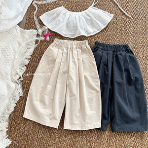 Nuovi Arrivi: <span class=keywords><strong>Pantaloni</strong></span> Coreani a Gamba Larga in Cotone Tinta Unita con Pieghe, Vestibilità Slim, Taglio Corto ed Elastico in Vita <span class=keywords><strong>per</strong></span> Bambine - Product Image 1